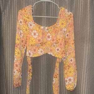 Yellow and Pink Flutter Sleeve Crop Top with Tie Front
